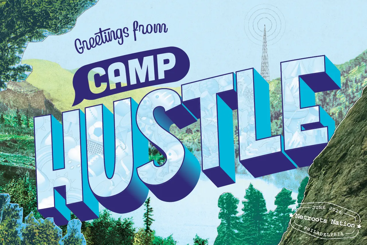 A postcard reading “Greetings from Camp Hustle,” in a style reminiscent of vintage postcards. The big letters are filled with camp-adjacent emojis, and the background is a collage of public-domain landscape photos.