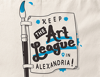 An illustration of a paintbrush holding a flag, reading: Keep The Art League in Alexandria!
