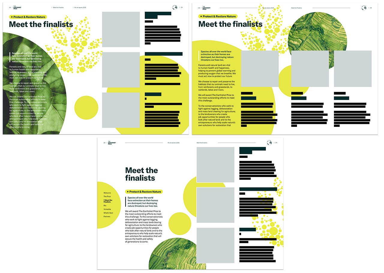 Three potential layouts showing gray images and black bars where future photos and copy will go