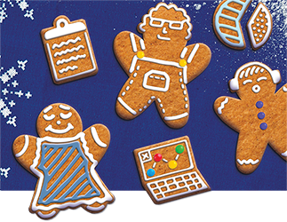 Gingerbread figures, including a gingerbread laptop, pie chart, and clipboard