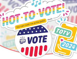 A pile of colorful stickers: “Hot to Vote,” “TOTV 2024” and “Vote”