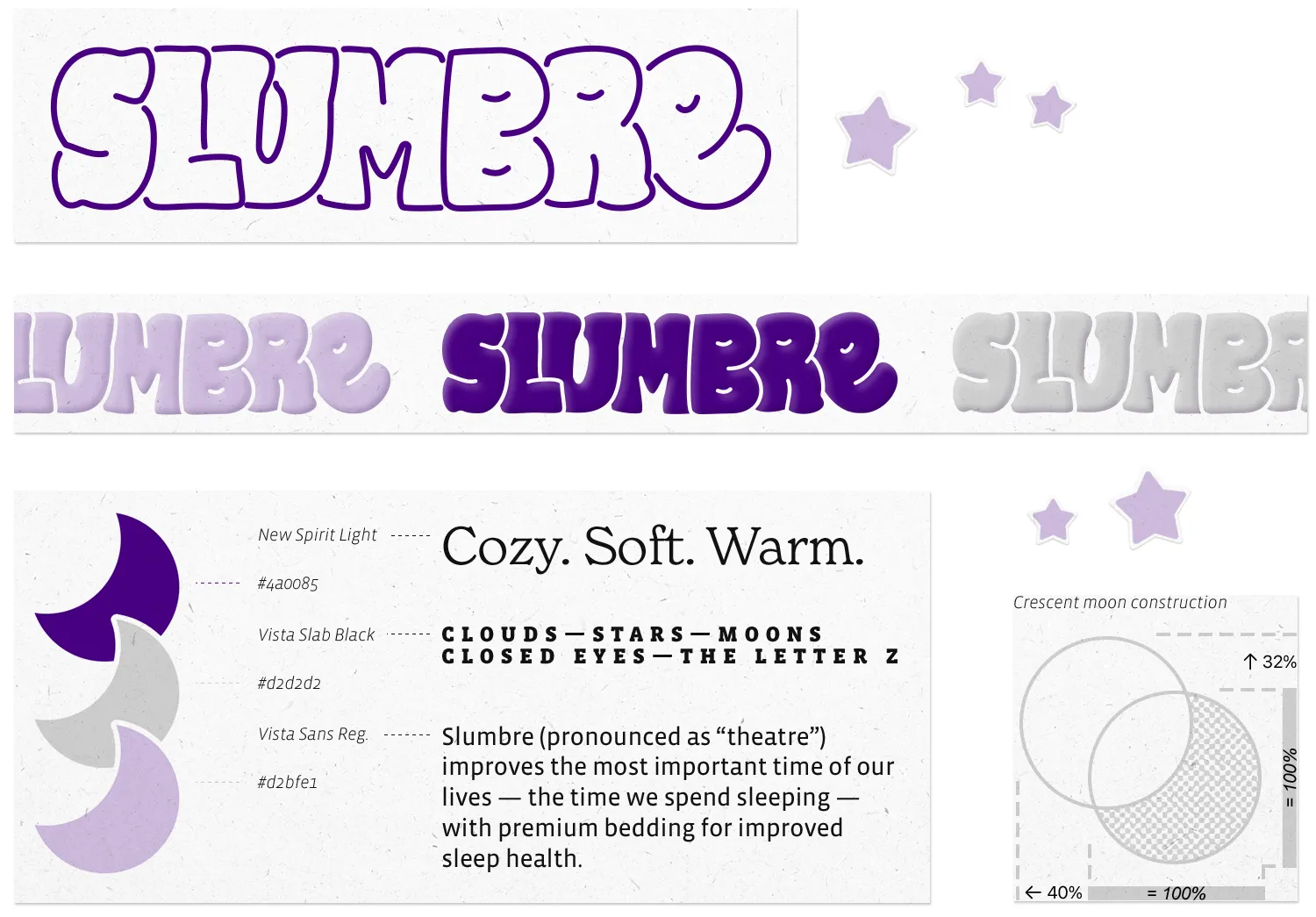 A short brand identity overview with codes for the colors used in the “Slumbre” logo, the fonts used, and how to construct the crescent moon shape. Flavor text reads: Cozy. Soft. Warm.