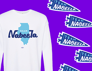 A sweatshirt and sticker with Team Nabeela designs