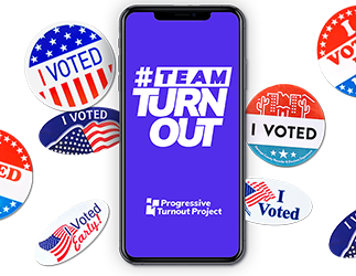 A phone with the Team Turnout logo and “I voted” stickers.